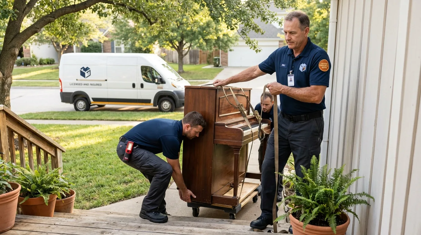 Licensed piano movers securing grand piano in Rutherford, NJ