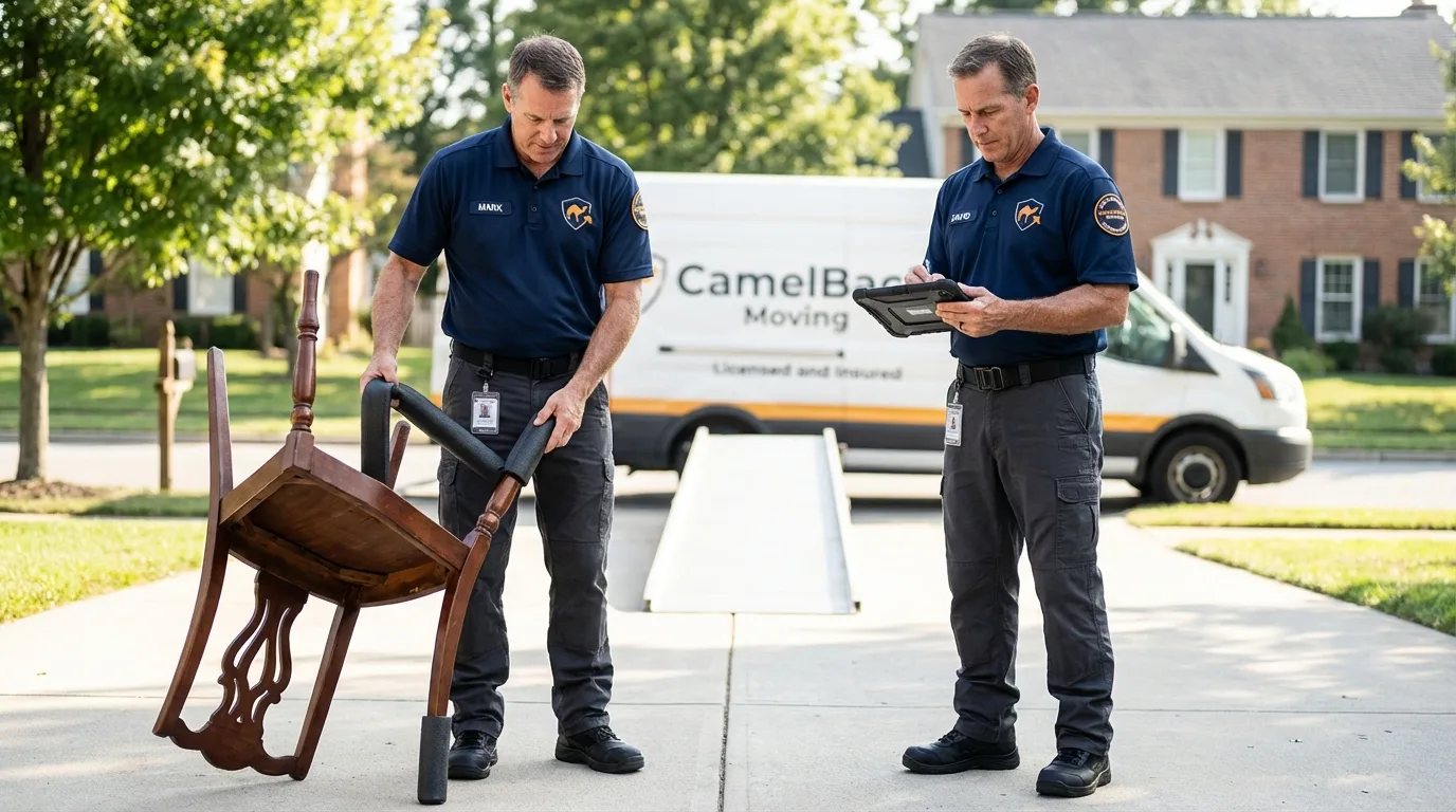 Movers inspecting furniture for damage prevention before loading in Rutherford, NJ